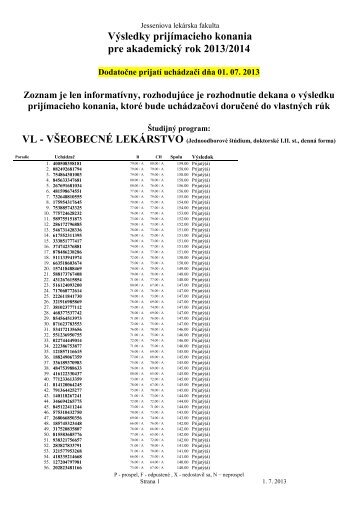 Dodatočne prijatí k 1.7.2013 - Jesseniova lekárska fakulta