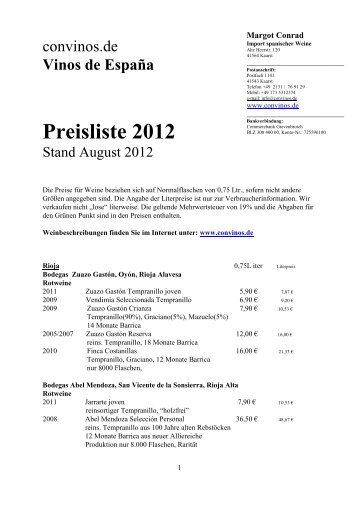 Vinos de España Preisliste 2012 - convinos.de