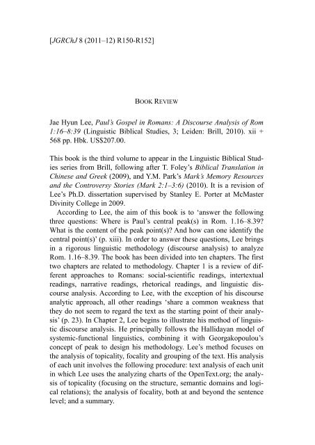 Jae Hyun Lee, Paul's Gospel in Romans - Journal of Greco-Roman ...