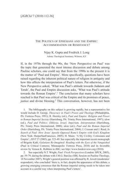 The Politics of Ephesians and the Empire - Journal of Greco-Roman ...