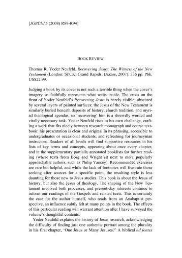 Thomas R. Yoder Neufeld, Recovering Jesus - Journal of Greco ...