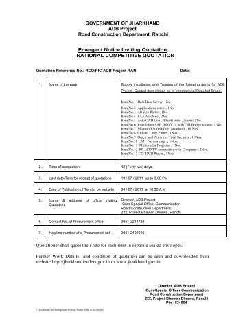 GOVERNMENT OF JHARKHAND ADB Project Road Construction ...
