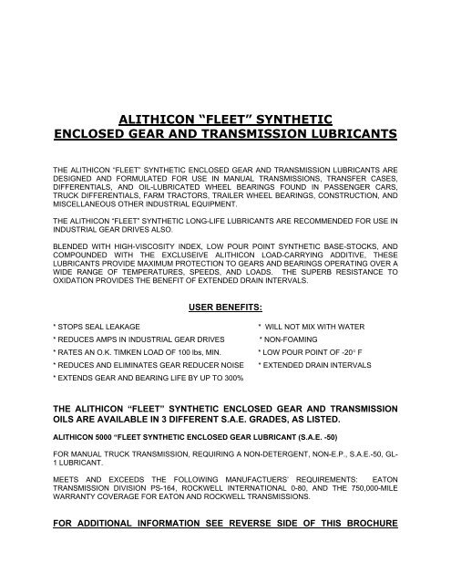 alithicon “fleet” synthetic enclosed gear and transmission lubricants