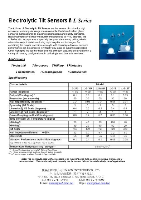 Electrolytic Tilt Sensors A L Series Jin Zon