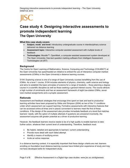 Case study 4: Designing interactive assessments to promote ... - Jisc