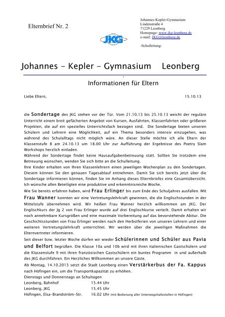 Elternbrief Nr. 2 13-14 - Johannes Kepler Gymnasium Leonberg
