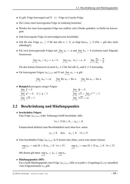 Stoffzusammenfassung: Analysis 1 & 2 - jkrieger.de