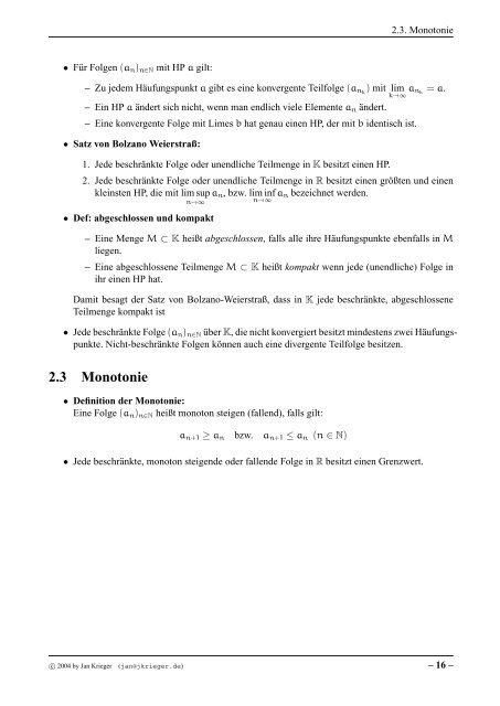 Stoffzusammenfassung: Analysis 1 & 2 - jkrieger.de