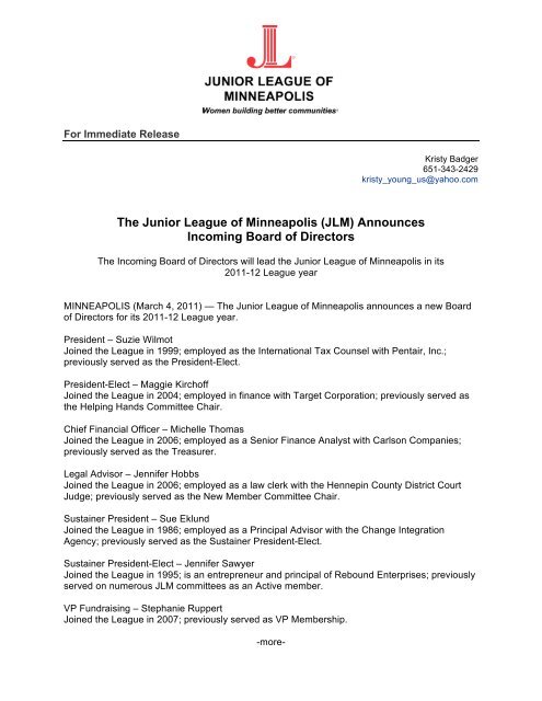 The Junior League of Minneapolis (JLM) Announces Incoming ...