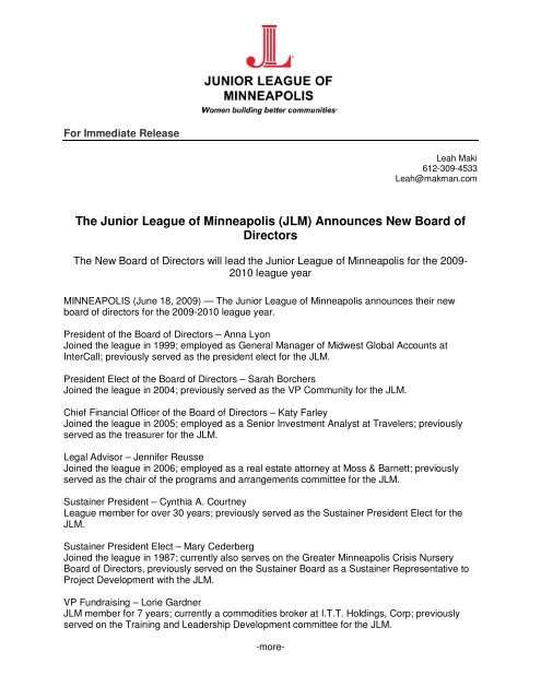 The Junior League of Minneapolis (JLM) Announces New Board of ...