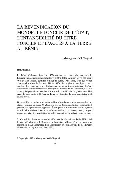 La Revendication du Monopole foncier de l'Ãtat - Journal of Legal ...