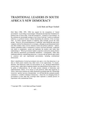 traditional leaders in south africa's new democracy - Journal of ...