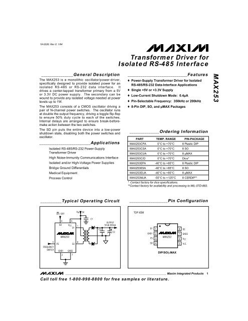 MAX253 Transformer Driver for Isolated RS-485 Interface