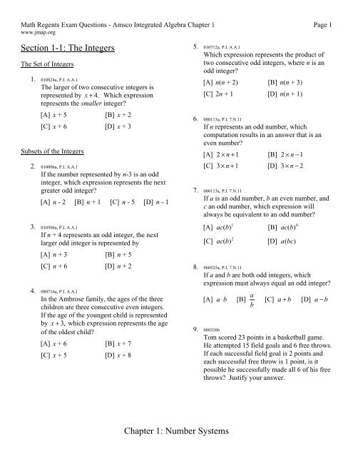 Chapter 1: Number Systems Section 1-1: The Integers - JMap