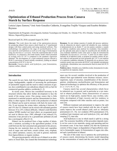 Optimization of Ethanol Production Process from Cassava ... - SciELO