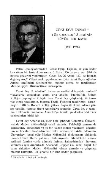 CEVAT EYÃP TAÅMAN * TÃRK JEOLOJÄ° ÃLEMÄ°NÄ°N BÃYÃK BÄ°R ...