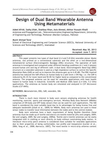Design of Dual Band Wearable Antenna Using Metamaterials - JMPEE
