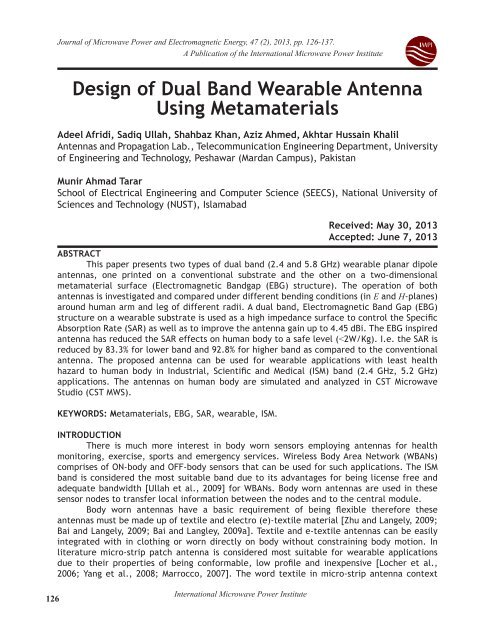 Design of Dual Band Wearable Antenna Using Metamaterials - JMPEE