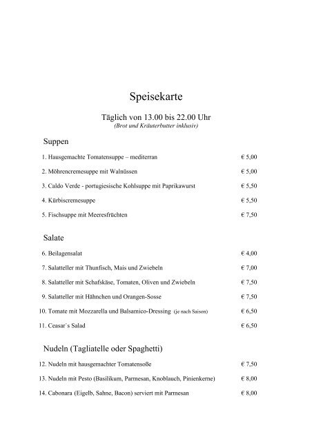 Speisekarte - Elke & Joachim Gerhard