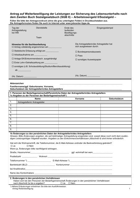 Antrag Auf Arbeitslosengeld Ausdrucken Antrag zur Fortzahlung von Arbeitslosengeld II - Jobcenter Lippe