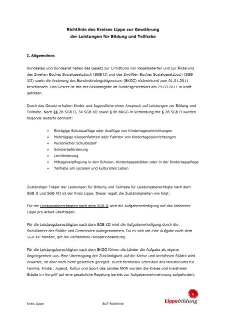 Leistungen für Bildung und Teilhabe - Jobcenter Lippe