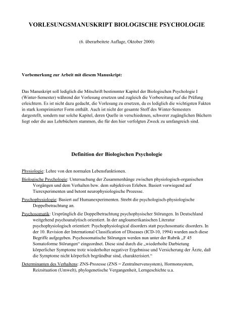 VORLESUNGSMANUSKRIPT BIOLOGISCHE PSYCHOLOGIE