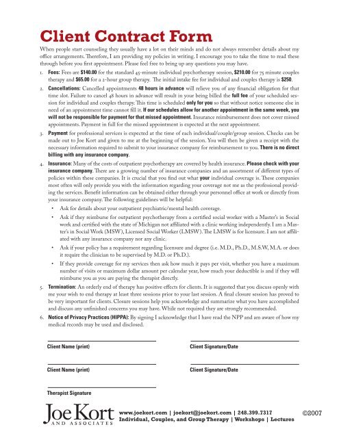 Client Contract Form Client Contract Form - Joe Kort, MSW