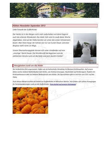 Hütten-Newsletter September 2012 Neuigkeiten rund um die Hütte
