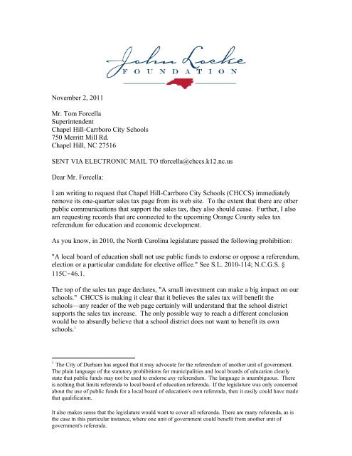 November 2, 2011 Mr. Tom Forcella Superintendent Chapel Hill ...