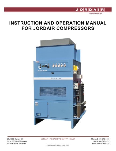 instruction and operation manual - Jordair Compressors Inc.