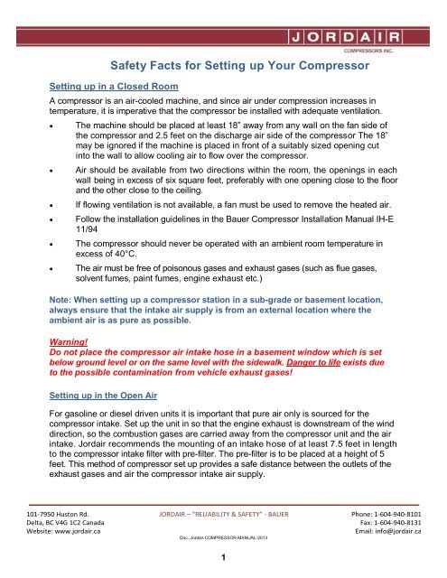 instruction and operation manual - Jordair Compressors Inc.