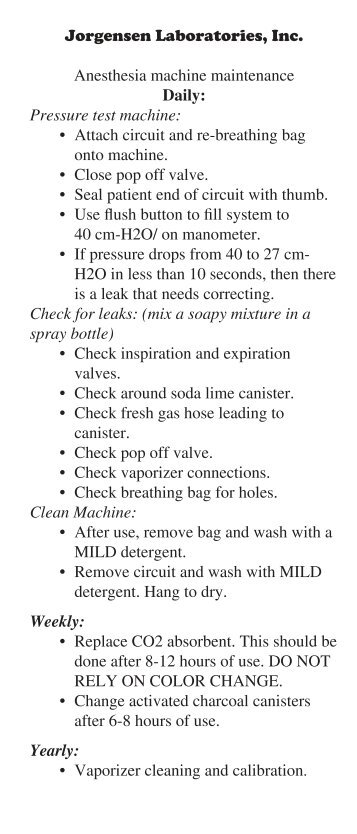 Anesthesia Machine Maintenance Card - Jorgensen Laboratories