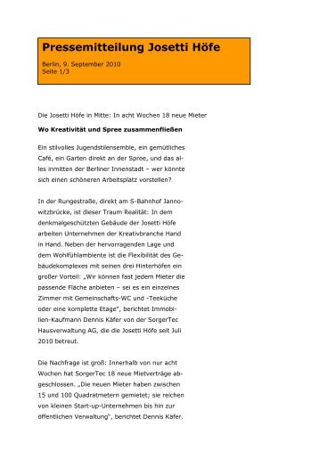 Pressemitteilung 2010-09-09 Neue Verwaltung - Josetti Hoefe