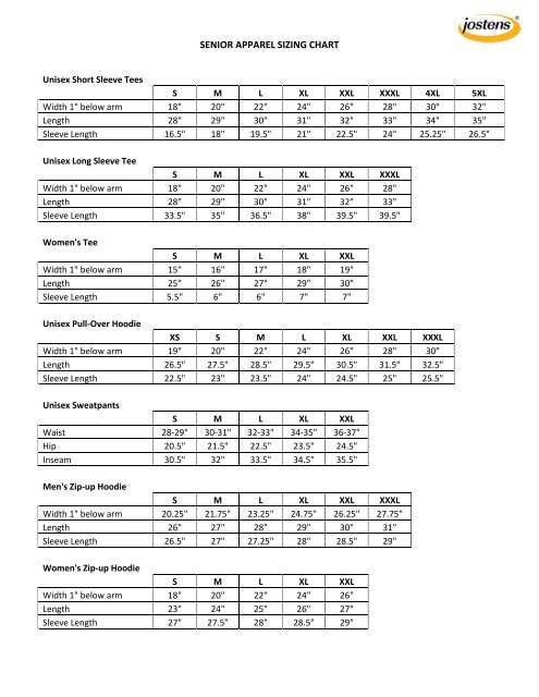 Jostens Apparel Sizing Chart