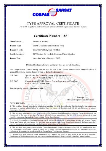 Certificate Cospas Sarsat Tron 40S MkII_40GPS MkII.pdf - Jotron