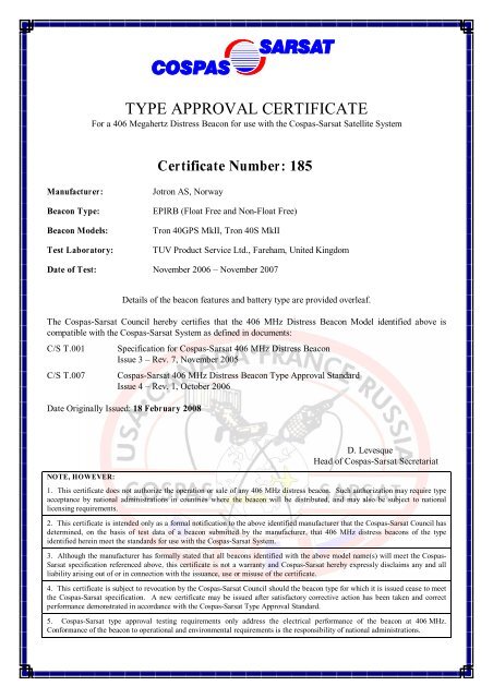 Certificate Cospas Sarsat Tron 40S MkII_40GPS MkII.pdf - Jotron