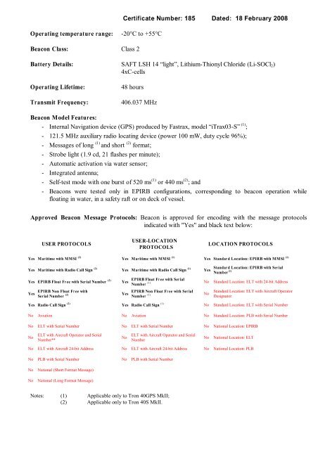 Certificate Cospas Sarsat Tron 40S MkII_40GPS MkII.pdf - Jotron