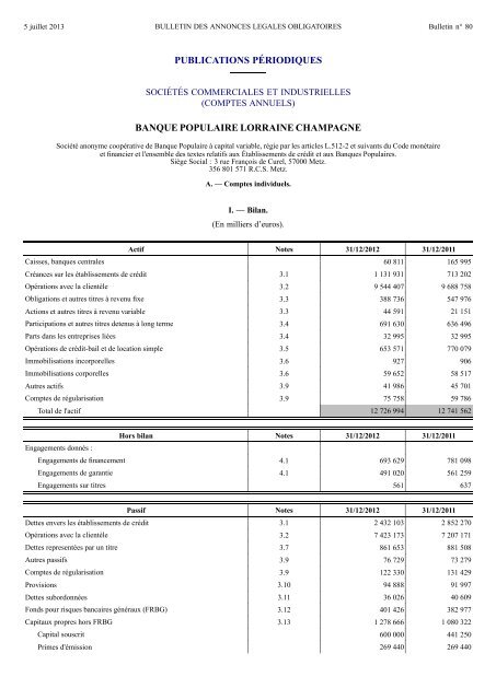 publications pÃ©riodiques banque populaire lorraine ... - Journal Officiel