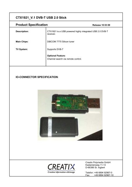CTX1921 V.1 DVB-T USB 2.0 Stick Product Specification - creatix