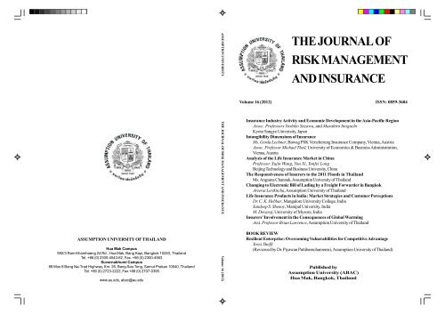 the journal of risk management and insurance AU Journal