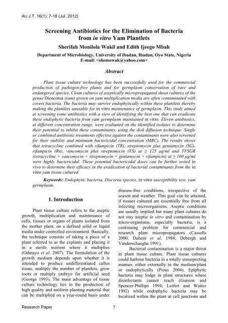 Screening Antibiotics for the Elimination of Bacteria ... - AU Journal