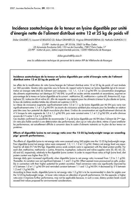 Incidence zootechnique de la teneur en lysine digestible par unitÃ© d ...