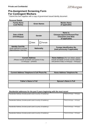 Asia Pacific Pre-Assignment Screening Form - JPMorgan Chase