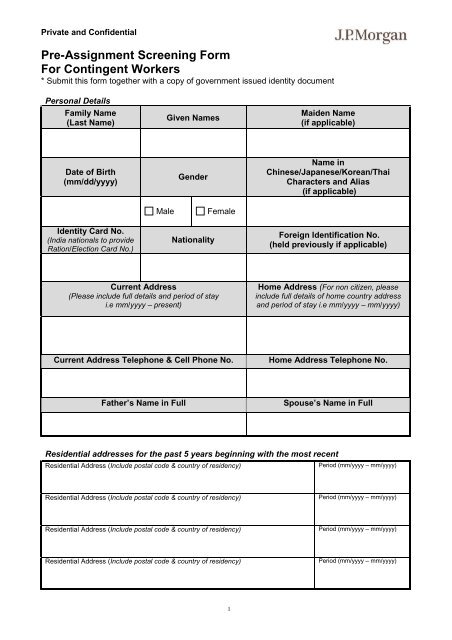 Asia Pacific Pre Assignment Screening Form Jpmorgan Chase