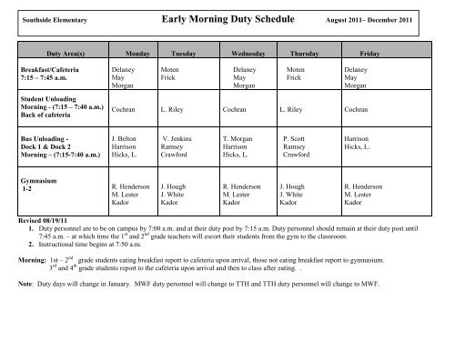 Early Morning Duty Schedule