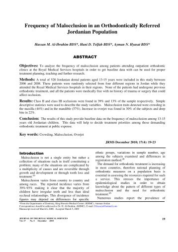 Frequency of Malocclusion in an Orthodontically Referred Jordanian ...