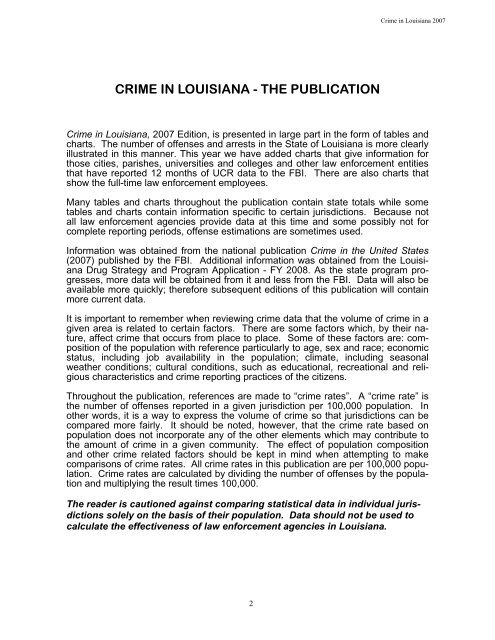 Crime in Louisiana 2007 - Justice Research and Statistics Association