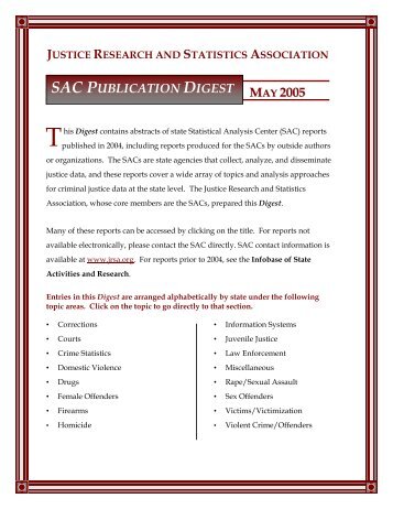 SAC Publication Digest - May 2005 - Justice Research and Statistics ...