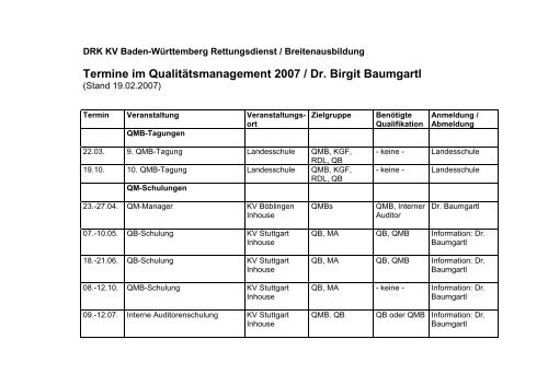 Termine im Qualitätsmanagement 2007 / Dr. Birgit Baumgartl