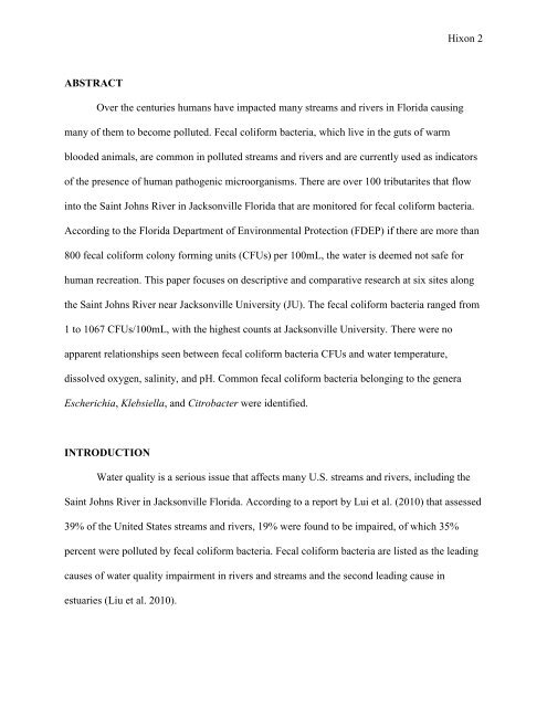 Hixon 1 Concentrations and identities of fecal coliform bacteria from ...